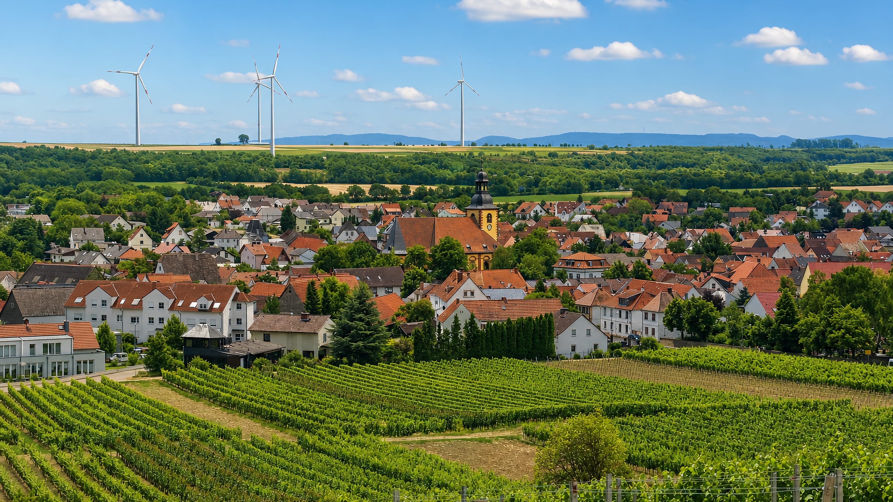 Vineyards sloping down to the red-tiled roofs and baroque church tower of Abenheim near Worms.