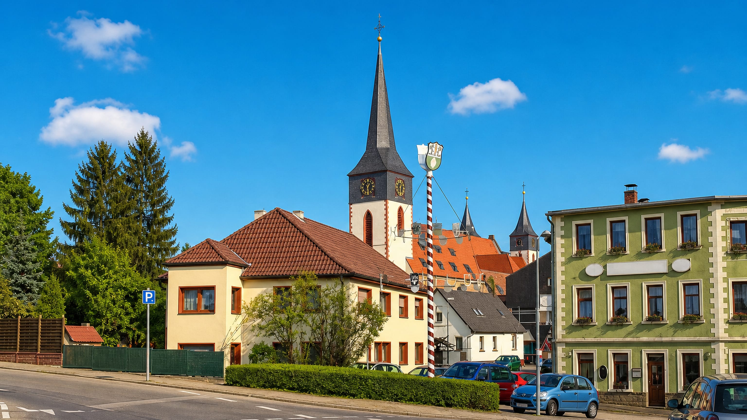 Church spire and maypole above the village centre of Herrnsheim, a district of Worms, under clear blue sky.