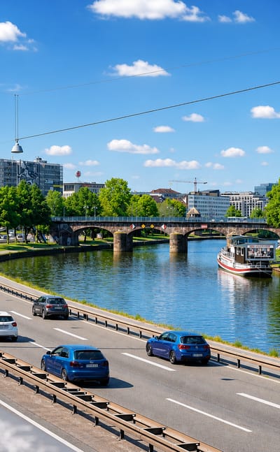 The Saar river, old stone bridge and riverside motorway through central Saarbrucken on a sunny day.