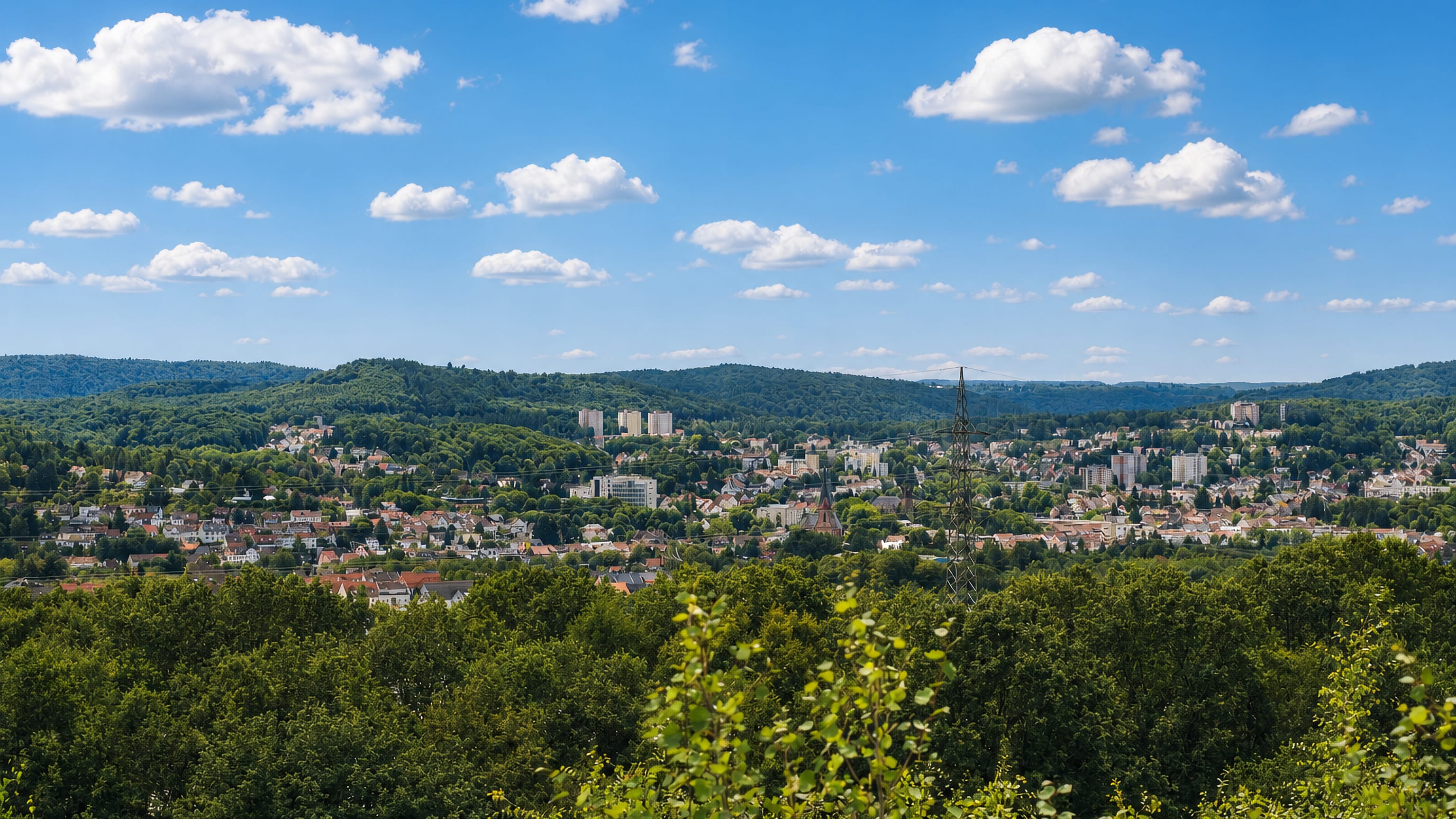 Wooded valley view over Dudweiler, a hillside district of Saarbrücken with a church spire and tower blocks.
