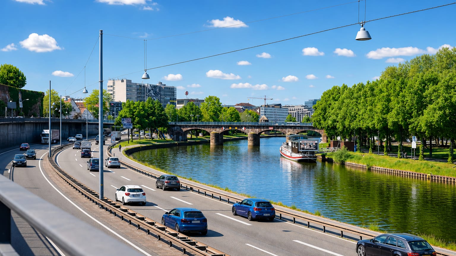 The Saar river, old stone bridge and riverside motorway through central Saarbrucken on a sunny day.