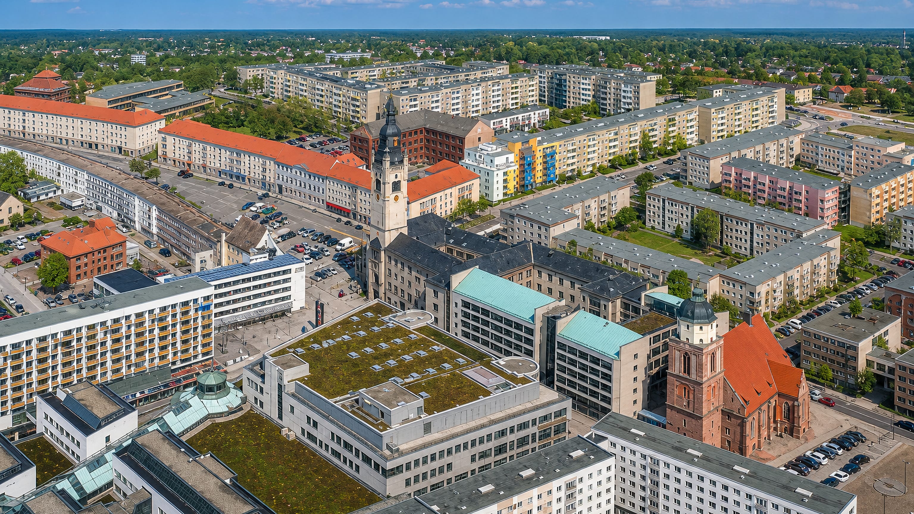 Aerial view of central Dessau with its clock-tower town hall, red-brick church and Plattenbau housing blocks.