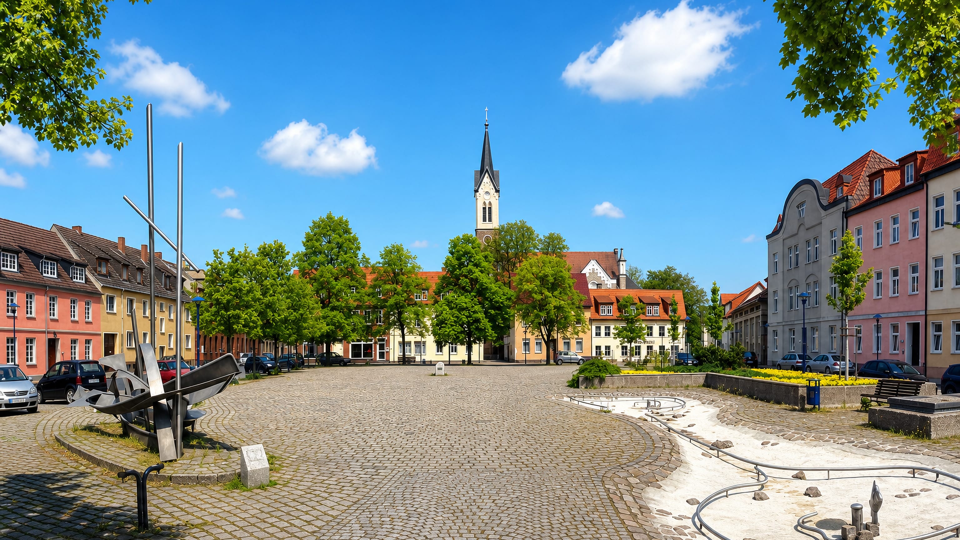 Cobbled market square in Rosslau, Dessau, with pastel townhouses, a church spire and a modern fountain.