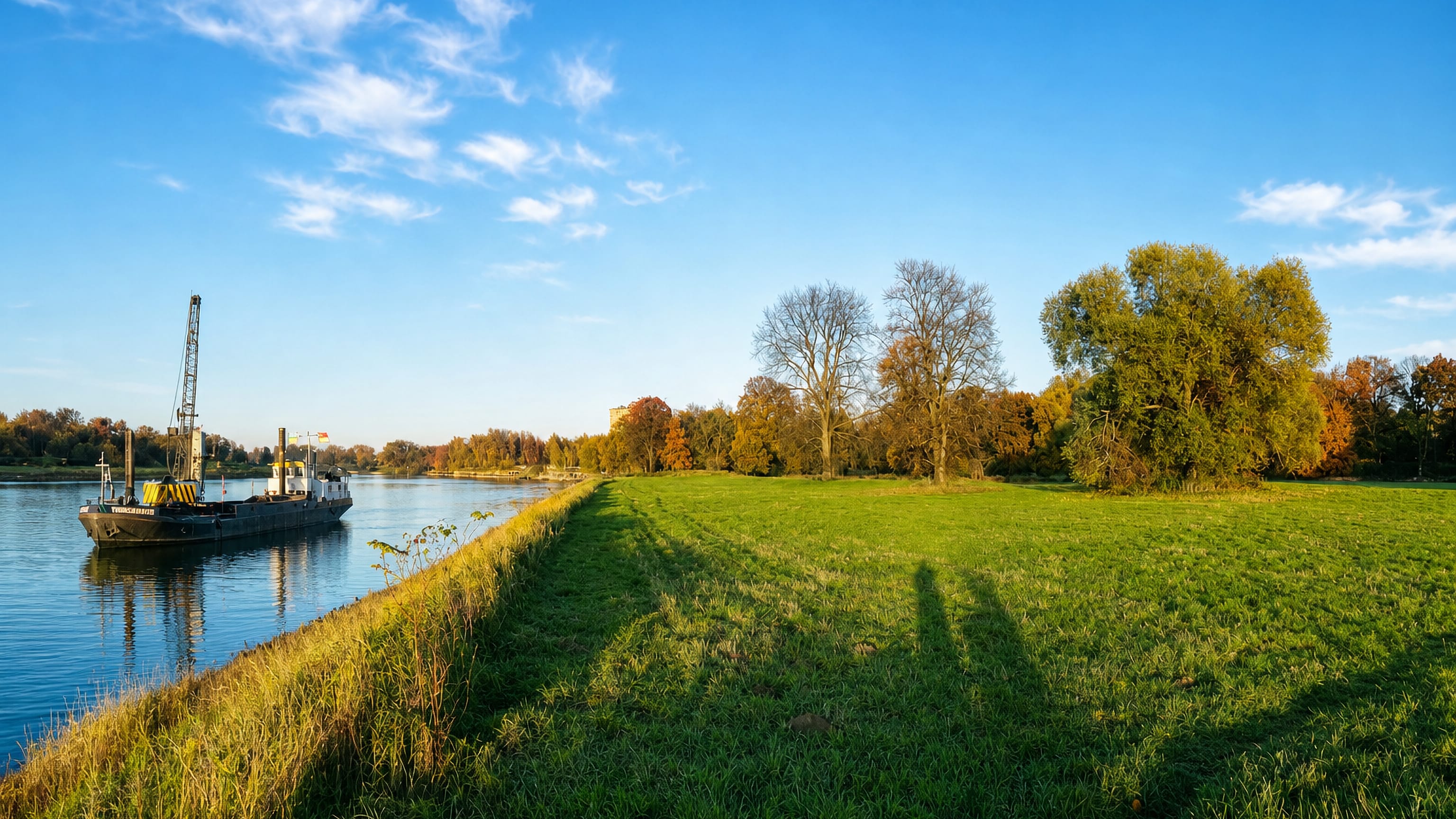 Barge on the Elbe beside a grassy dike embankment and autumn trees at Ziebigk, Dessau, Germany.