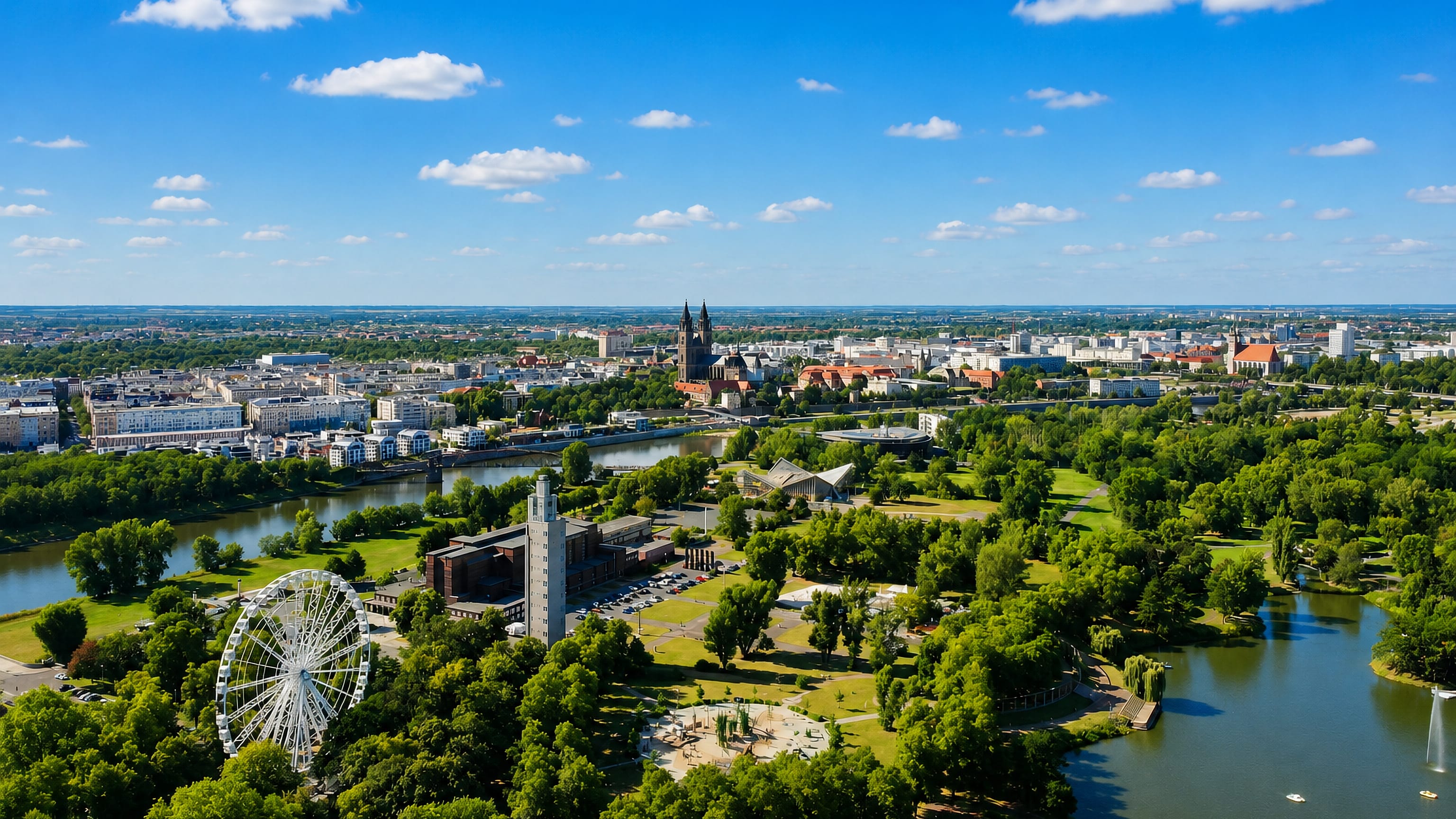 Magdeburg's twin-spired cathedral above the Elbe, seen across Rotehorn park's Ferris wheel and lake.
