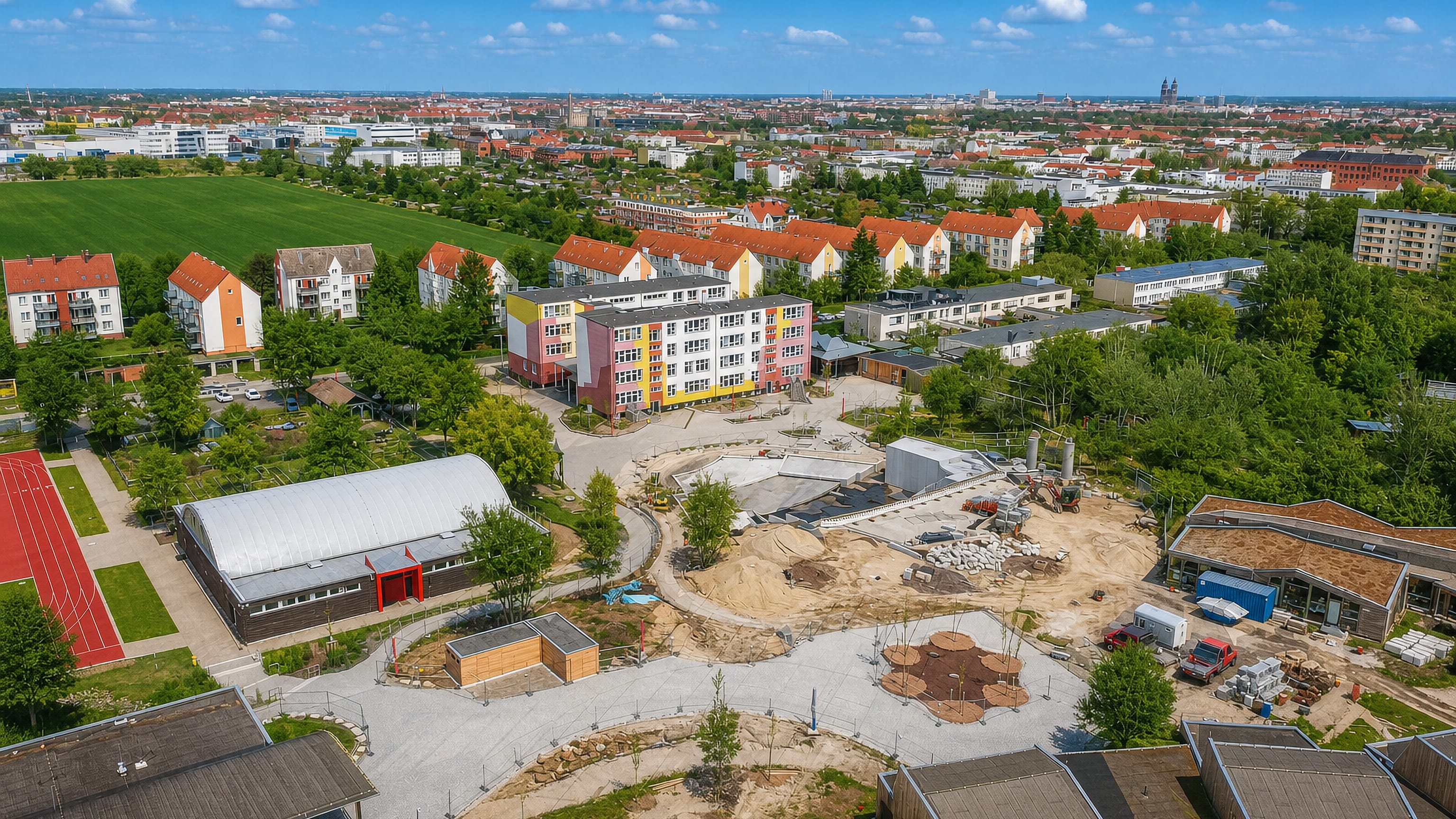 Aerial over Sudenburg's apartment blocks and schoolyard, with Magdeburg Cathedral's towers on the horizon.