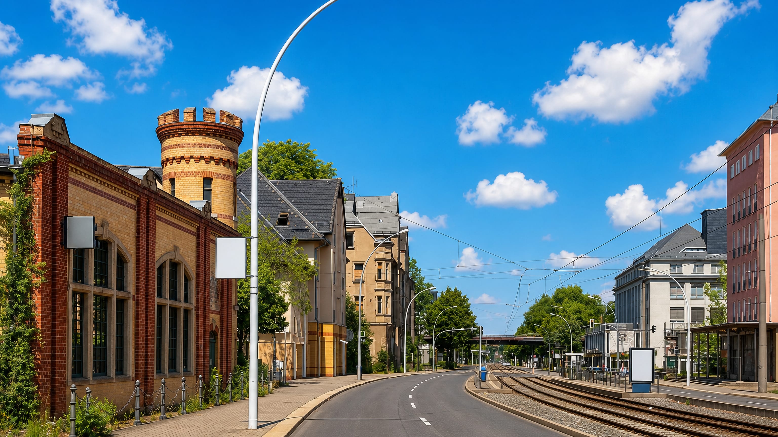 Brick industrial hall with a crenellated turret beside tram tracks on a wide street in Altchemnitz, Chemnitz