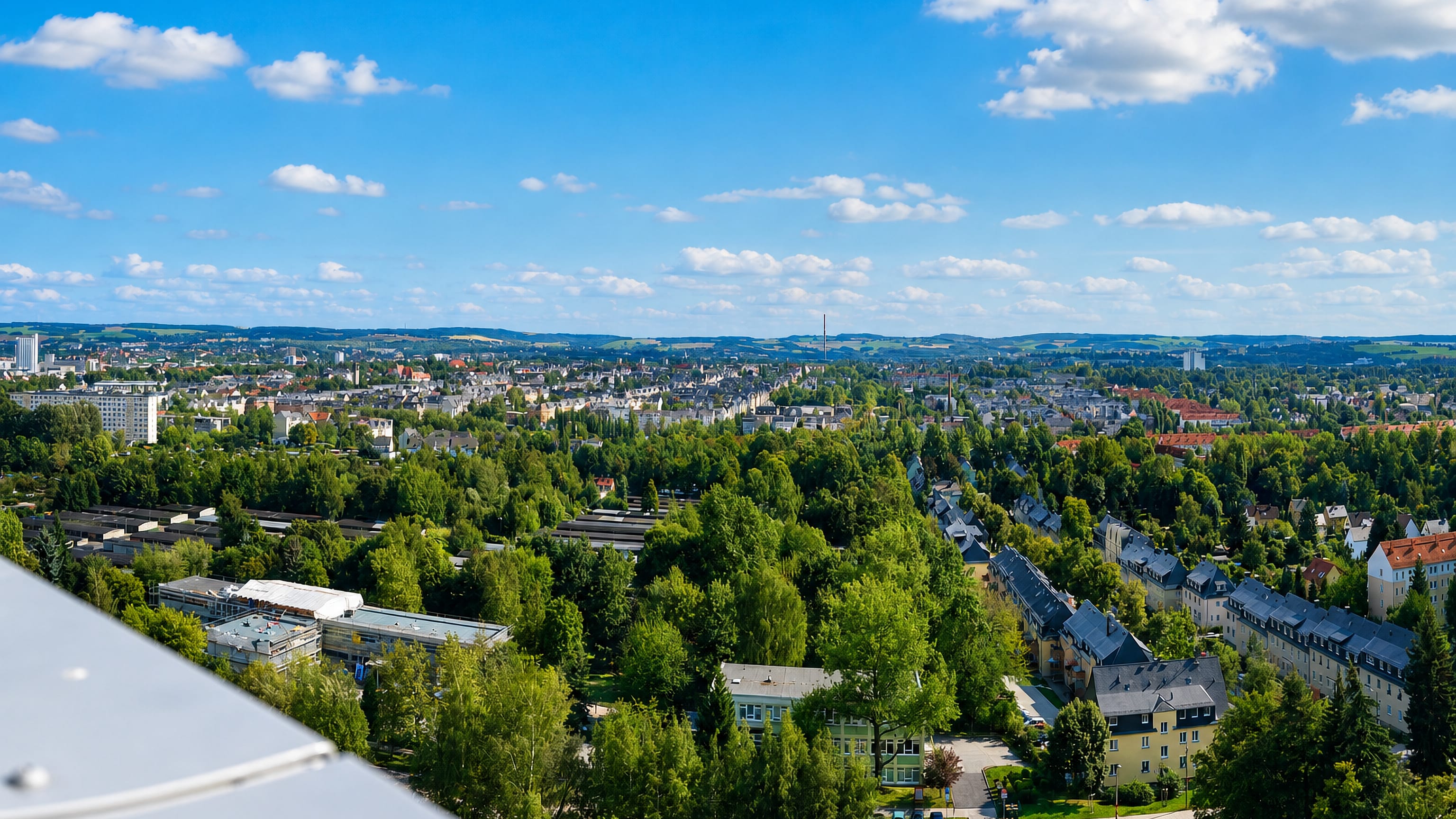 Rooftops, gardens and distant hills across the Altendorf district of Chemnitz.