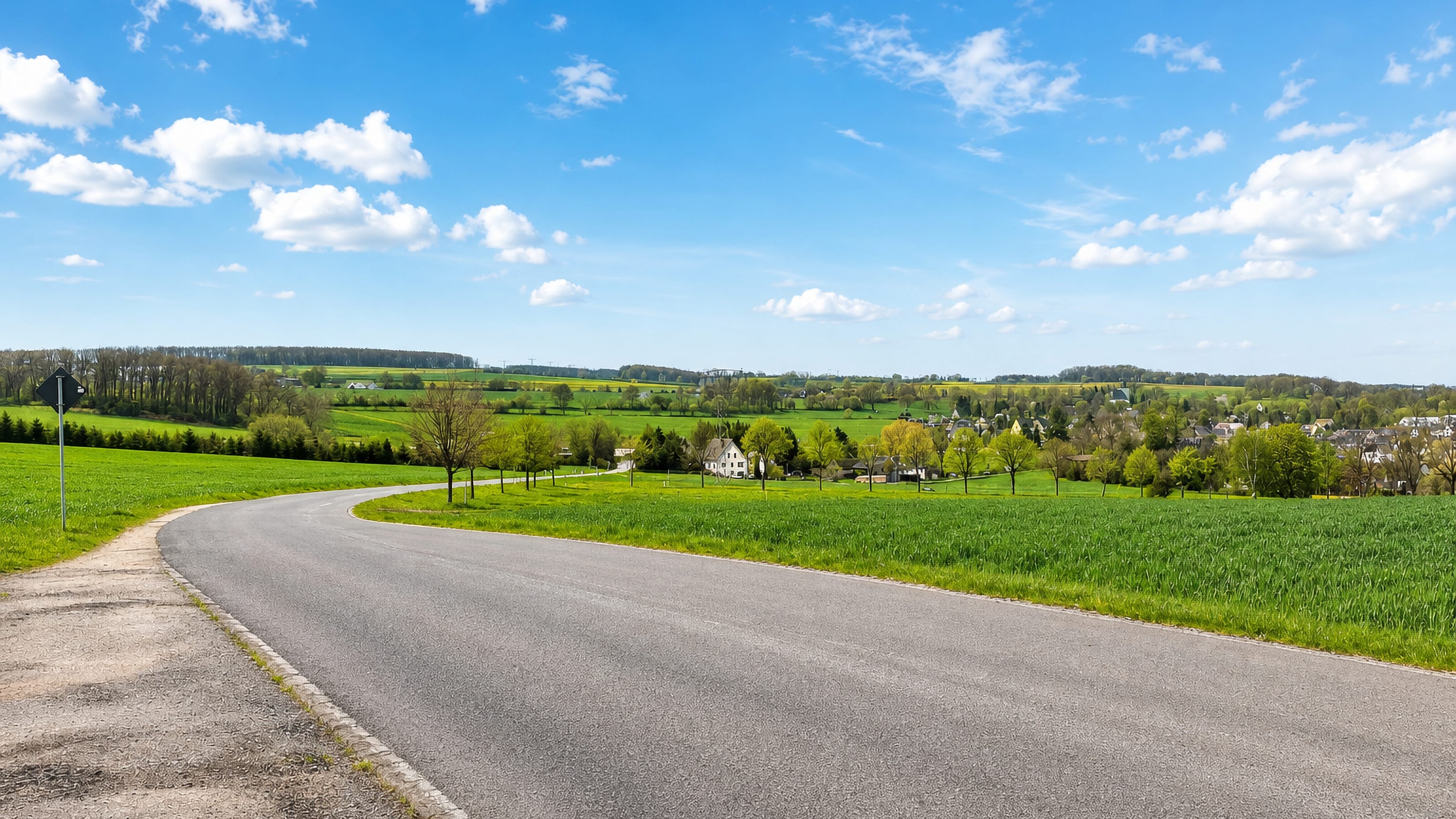 Country road curving past green fields toward the village of Euba on the edge of Chemnitz.