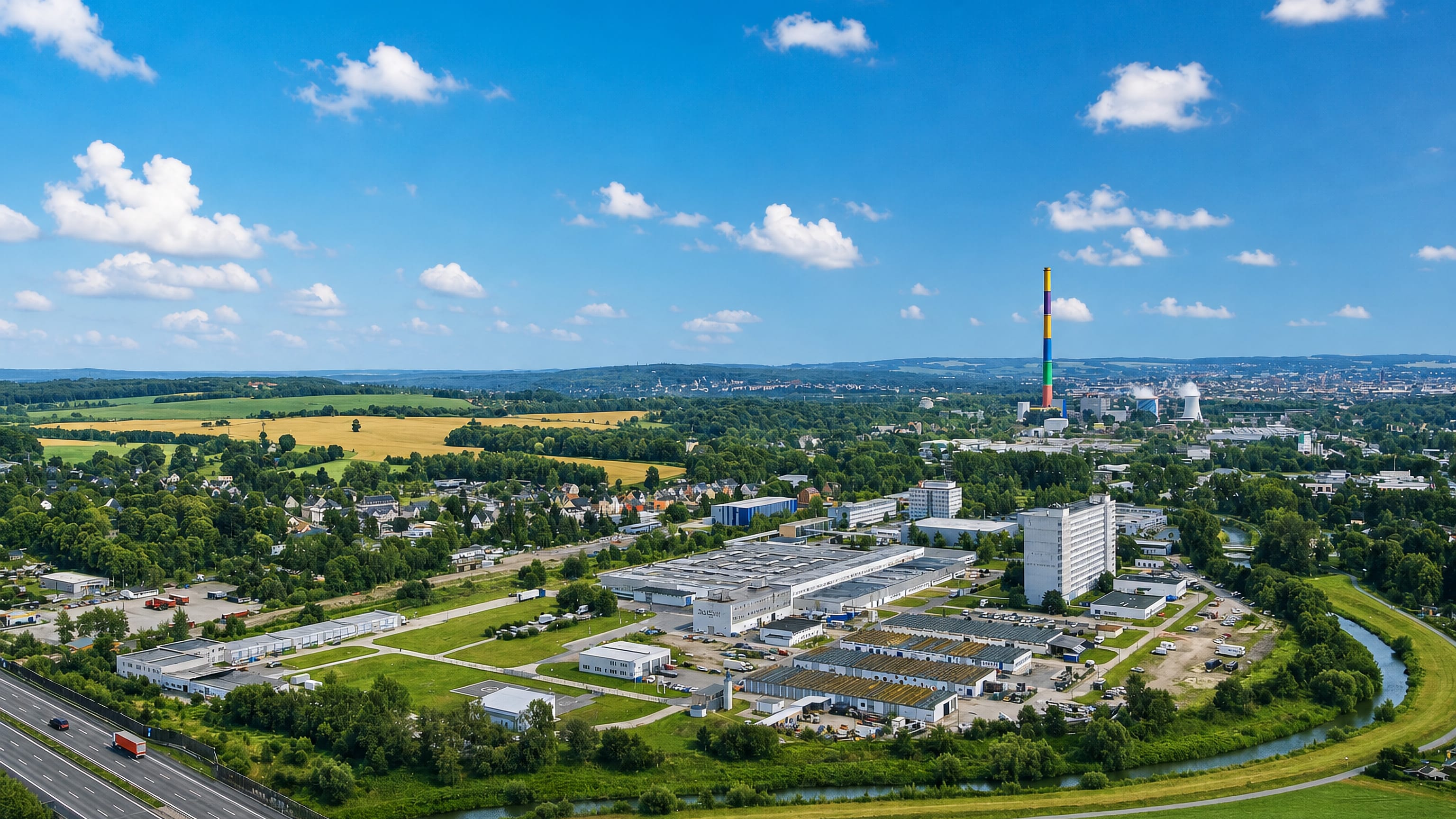 Chemnitz's rainbow-striped Esse chimney rising over the works, river and motorway of the Furth district.