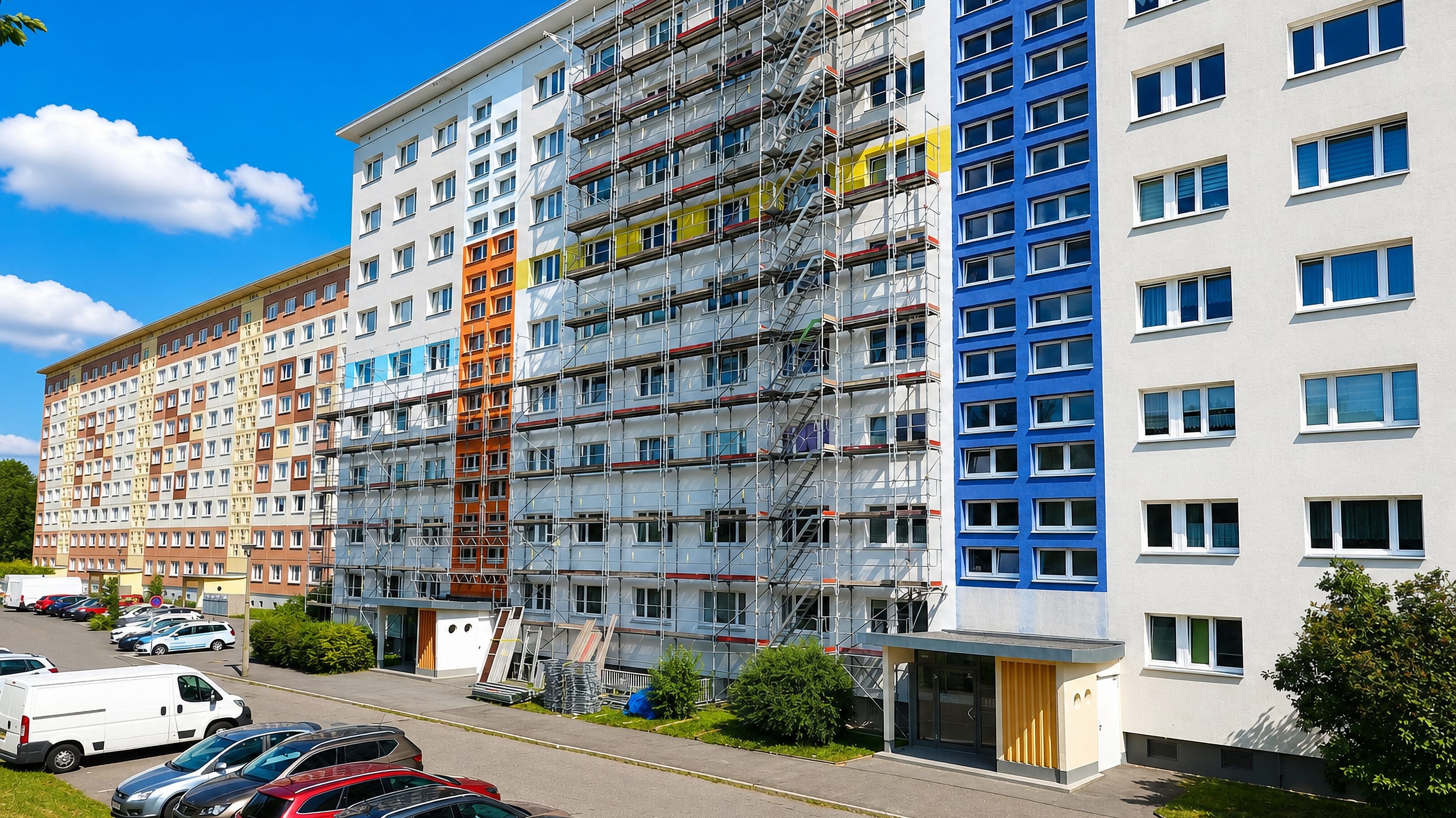 Prefab apartment blocks, one wrapped in renovation scaffolding, above a parking street in Helbersdorf, Chemnitz.
