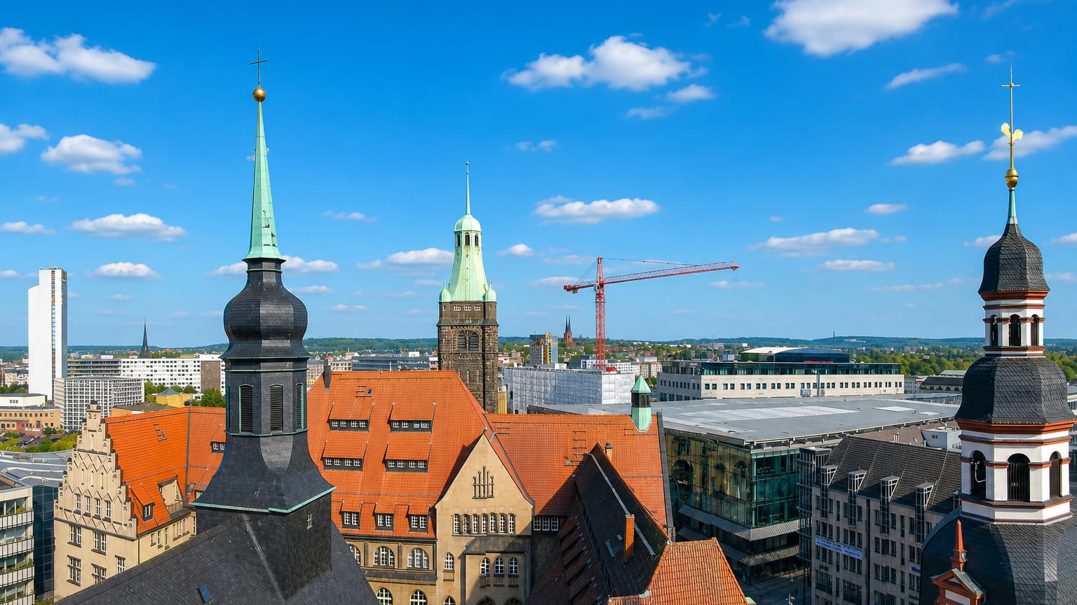 Rooftop view over Chemnitz with green-copper church spires, red-tiled roofs and a distant high-rise.