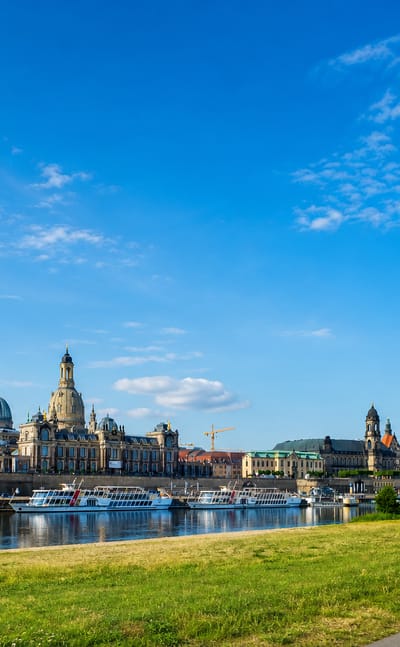 Dresden's old-town waterfront on the Elbe with the Frauenkirche dome, Hofkirche and Residenzschloss tower