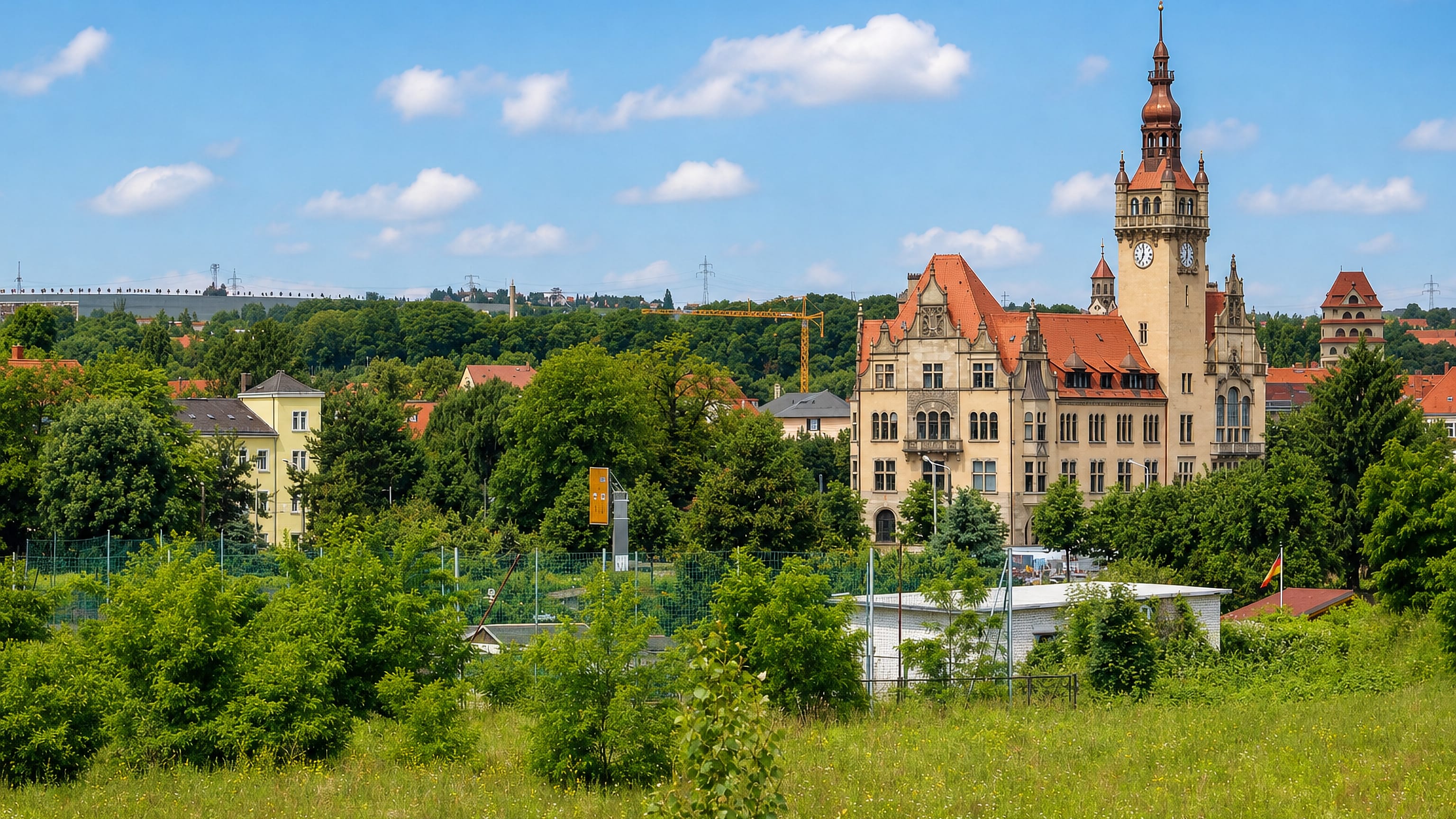 Historic clock-tower town hall rising above trees in Cotta, a western district of Dresden, seen across a meadow.
