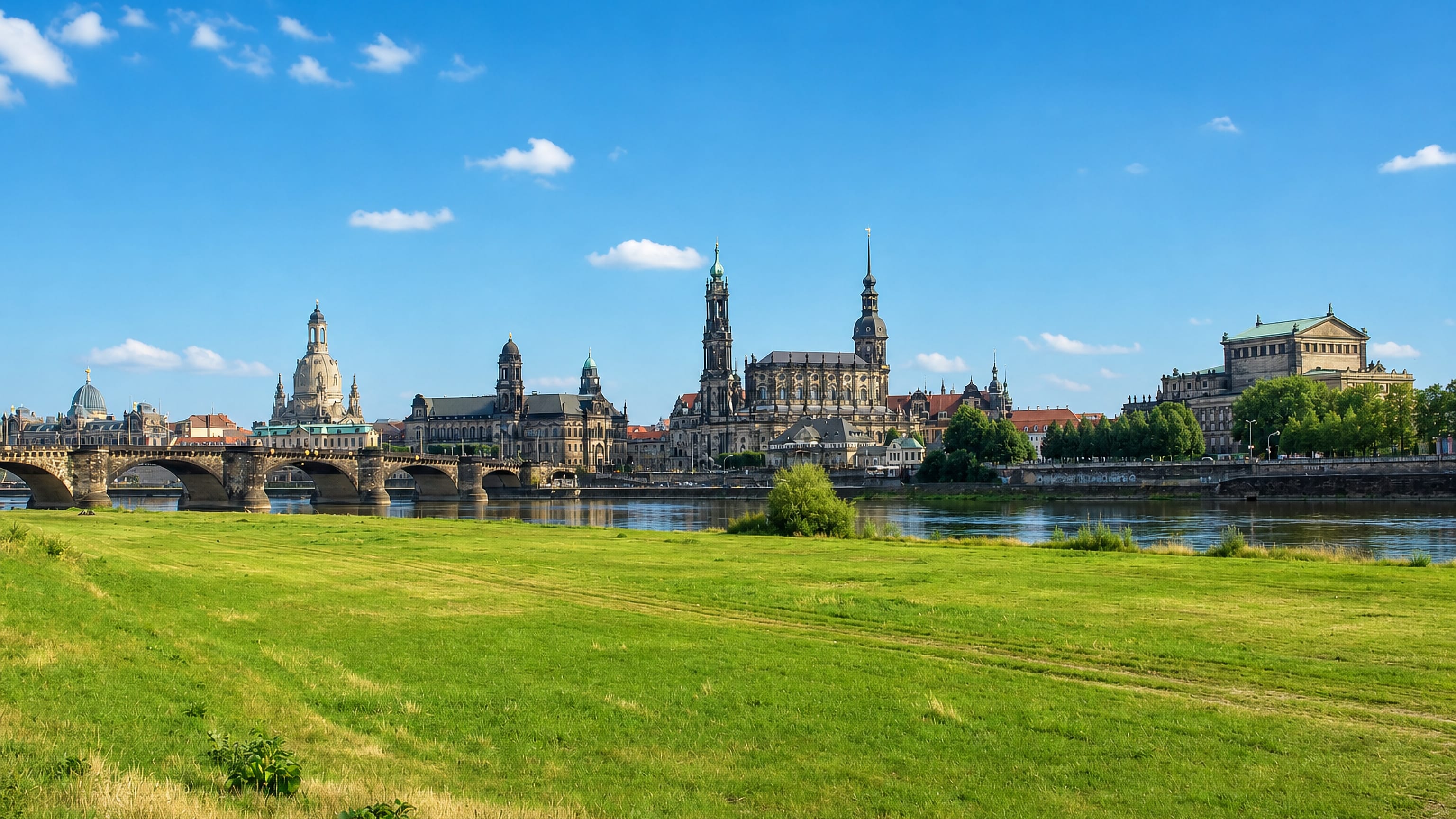 Dresden's Altstadt skyline and Augustus Bridge seen across the Elbe from the Neustadt meadows.
