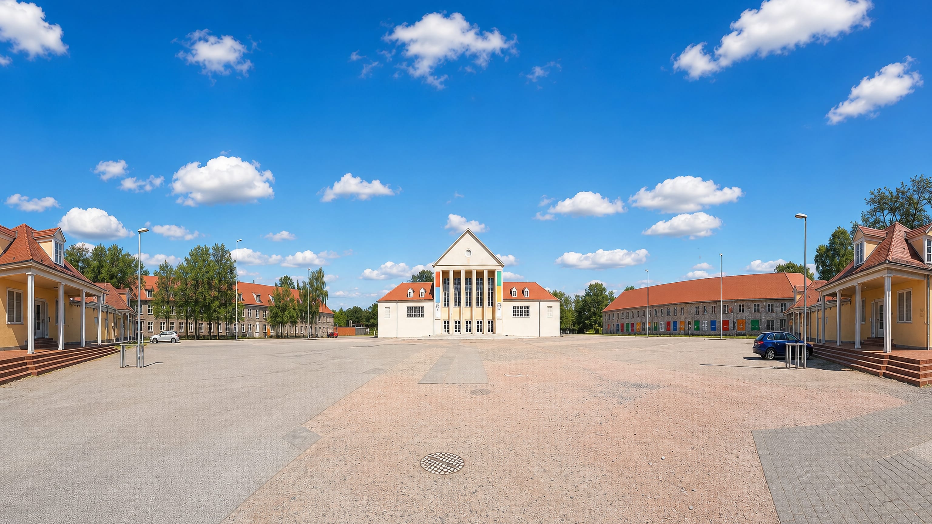 The colonnaded Festspielhaus and its flanking pavilions across the forecourt at Hellerau, Dresden