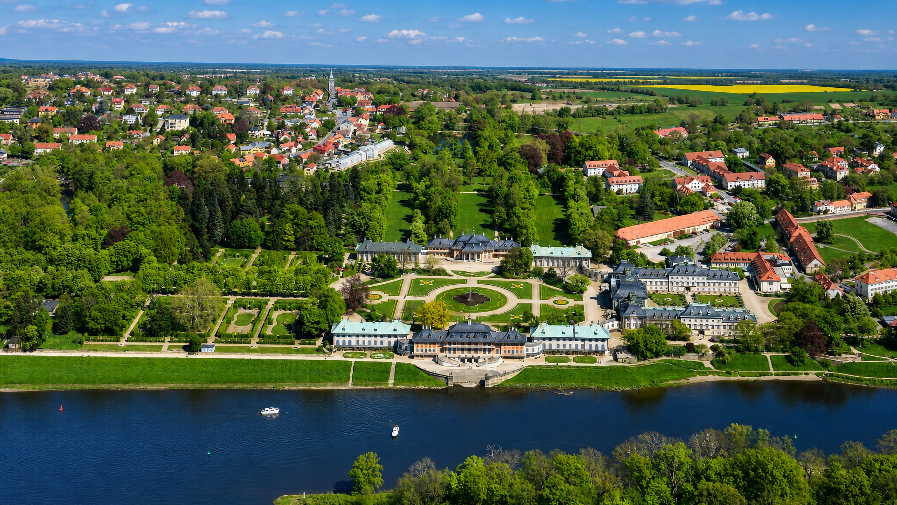 Pillnitz Palace and its baroque riverside gardens on the Elbe in Dresden, Germany.