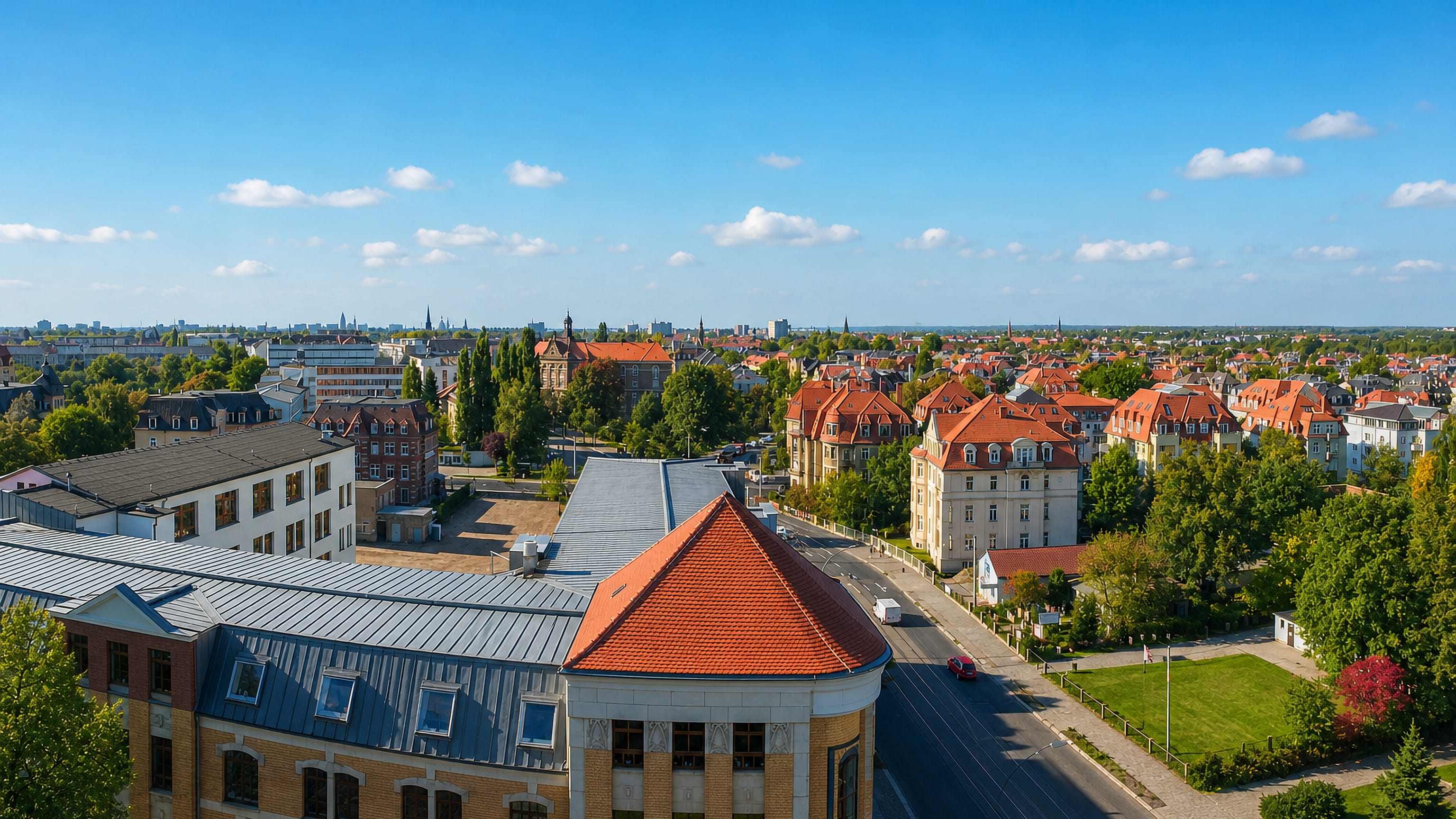 Rooftops of Dresden's Striesen villa quarter, with tree-lined streets and the city's spires on the horizon.