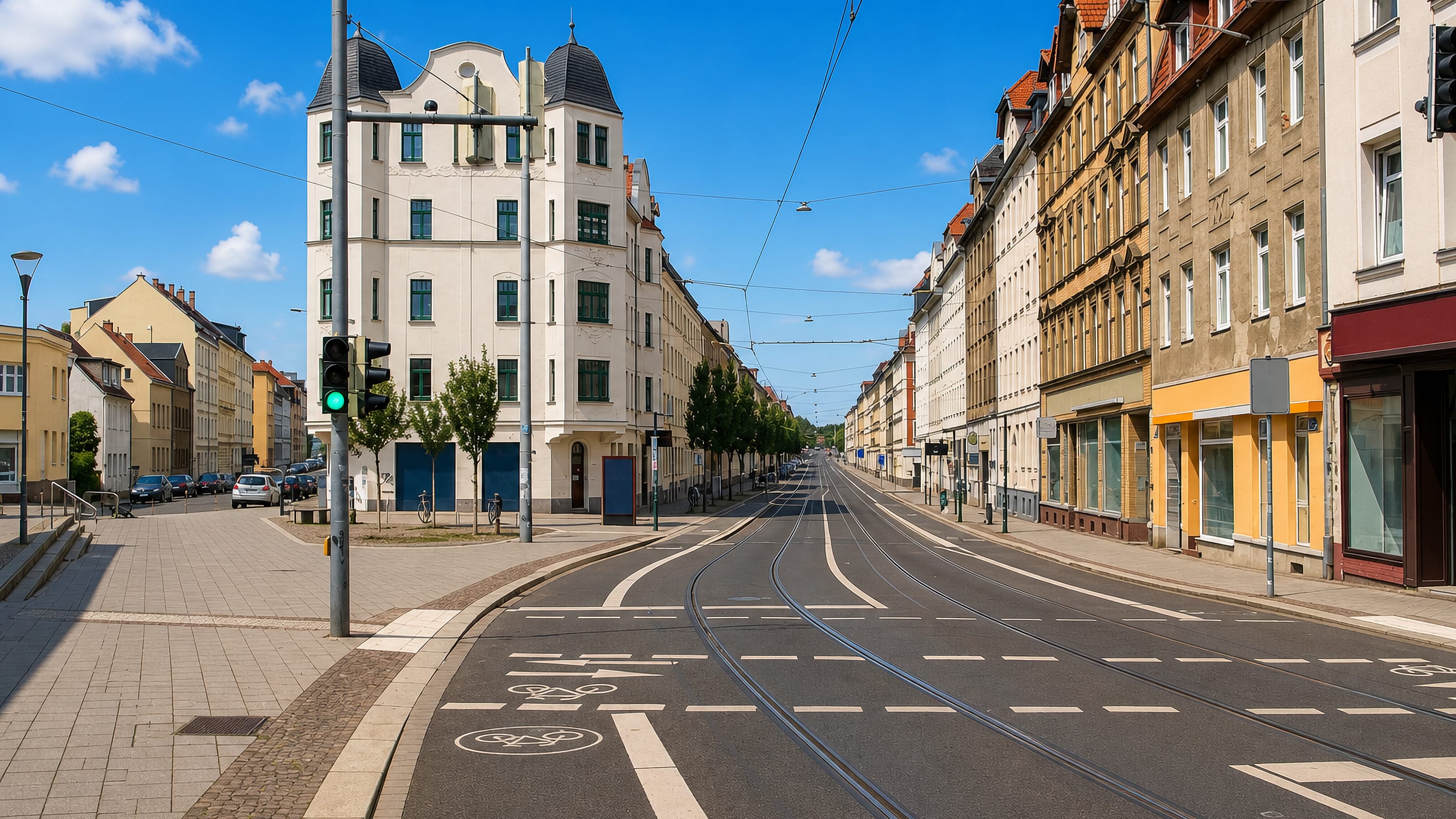 Tram tracks running down a wide street lined with Gründerzeit apartment blocks in Leutzsch, western Leipzig.