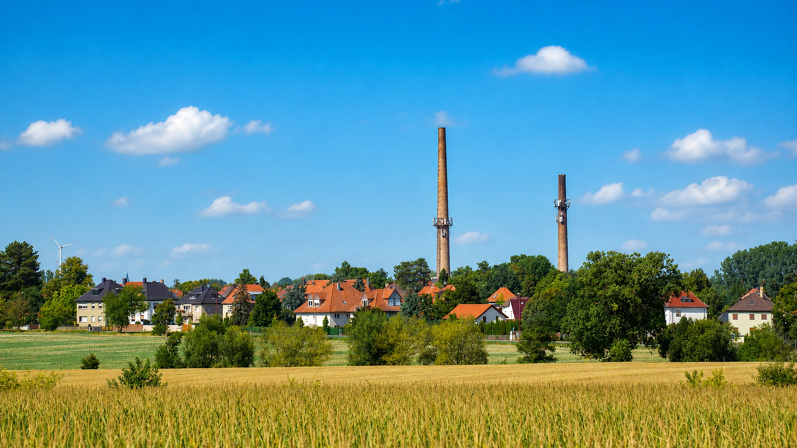 Liebertwolkwitz on the edge of Leipzig: red-roofed houses behind a cornfield, with two tall brick chimneys.