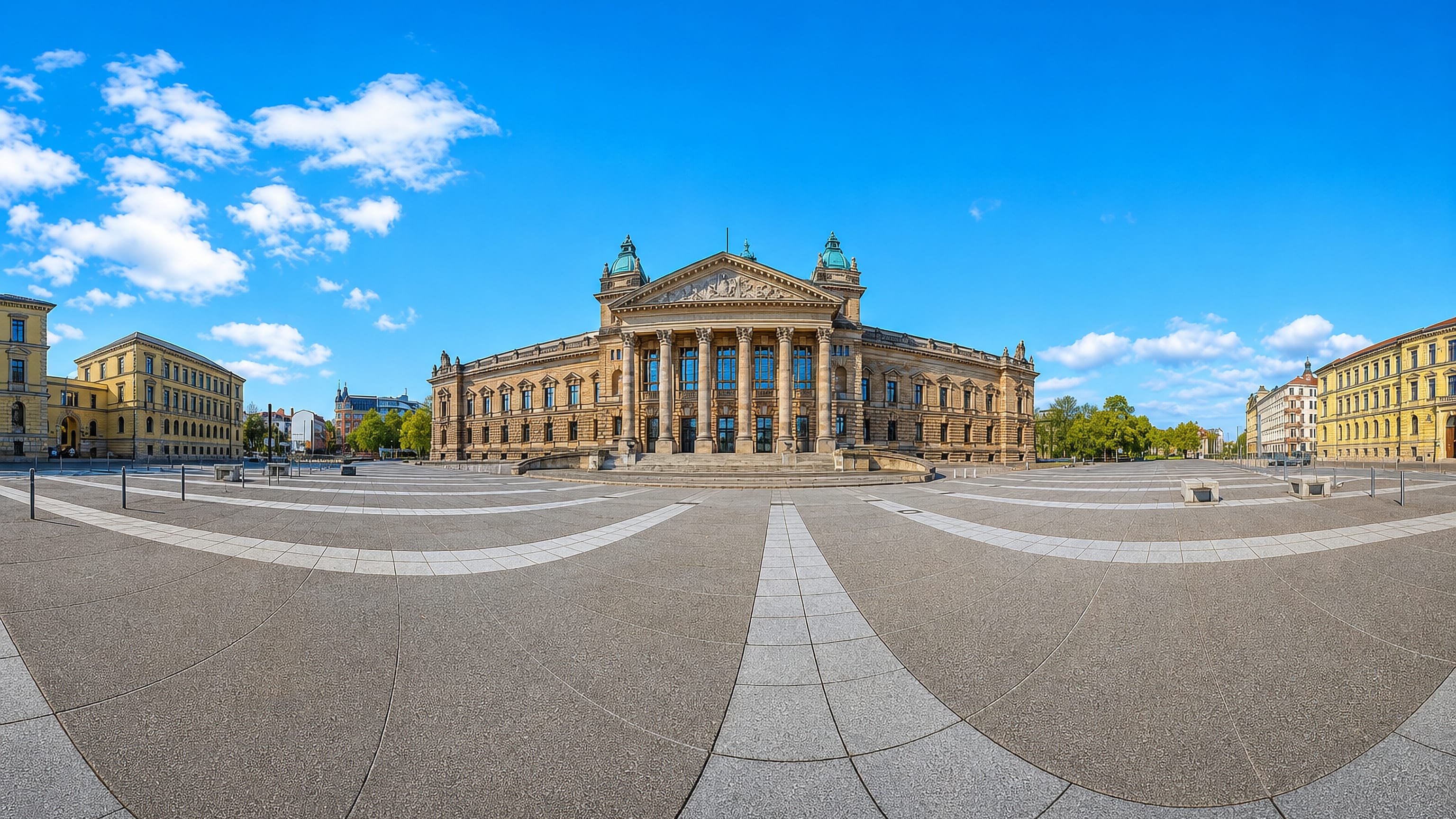 The colonnaded Federal Administrative Court on Simsonplatz in Leipzig's Musikviertel, seen across the square.