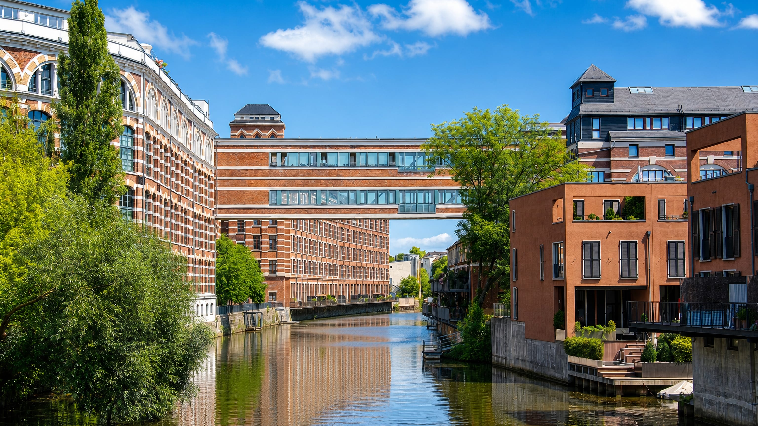 Red-brick industrial buildings and a glazed bridge along the Karl-Heine-Kanal in Leipzig's Plagwitz district