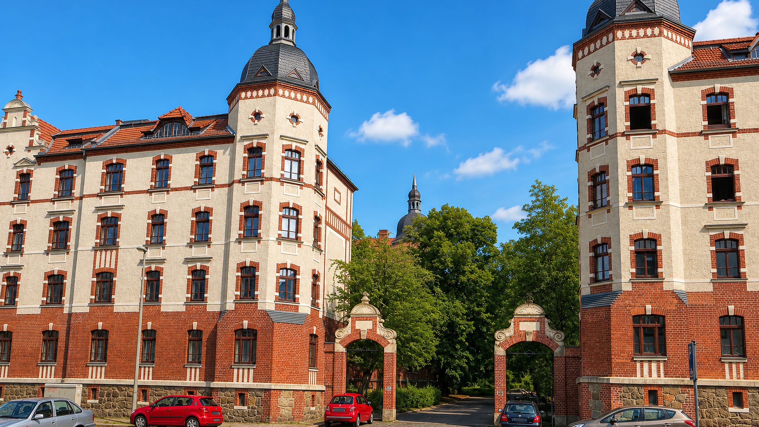 Wilhelminian brick and render apartment blocks with turrets and archways in Reudnitz, Leipzig.