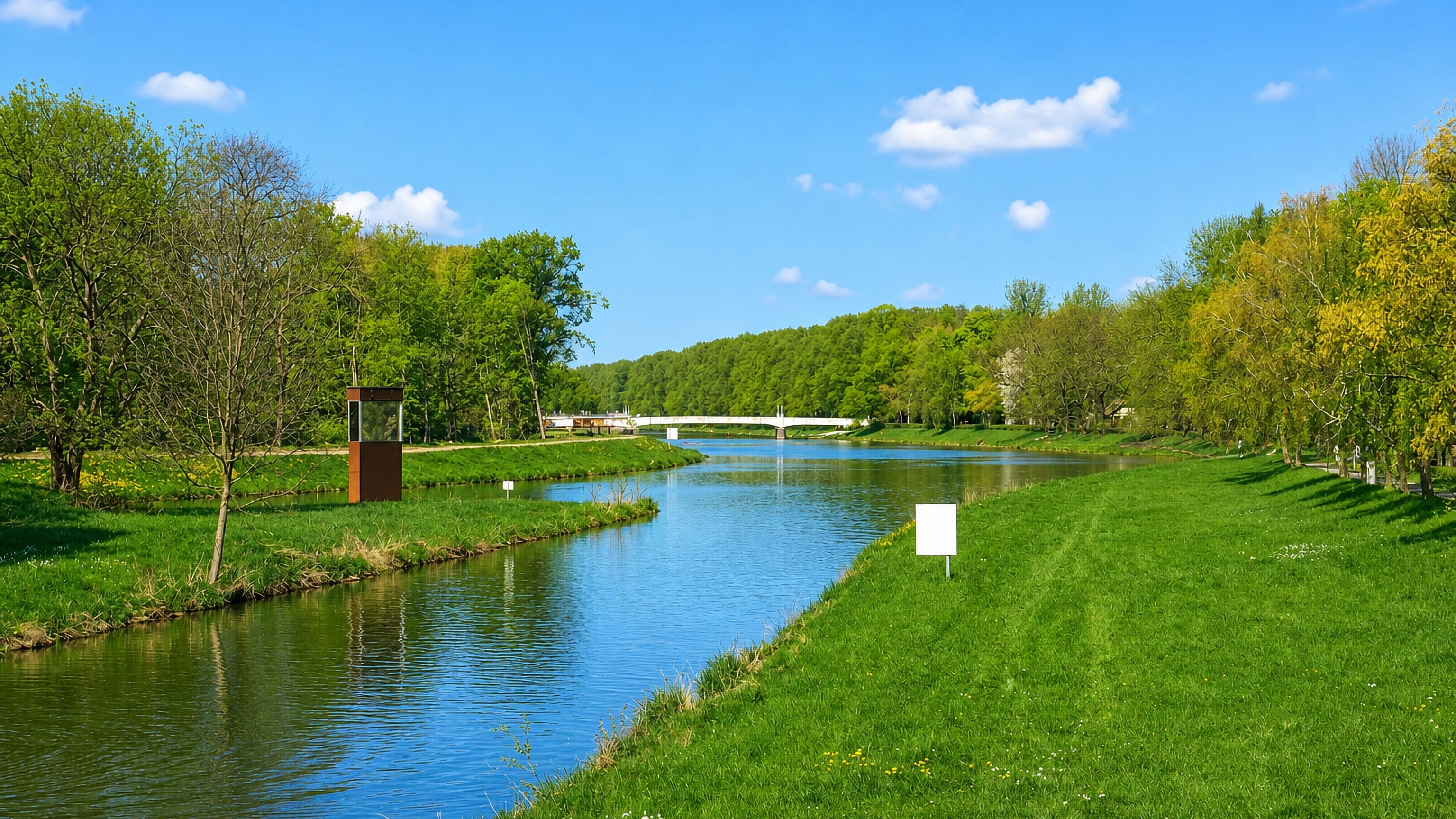 Tree-lined waterway through Schleussig, Leipzig, with green banks and a white footbridge downstream.