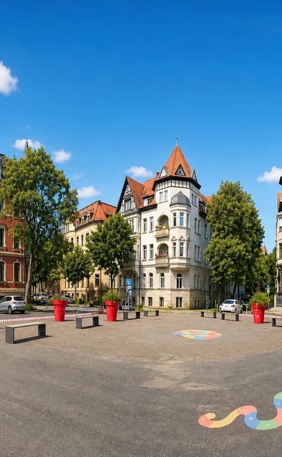 Ornate Gründerzeit villas with turrets around an open square in Leipzig's Waldstraßenviertel.