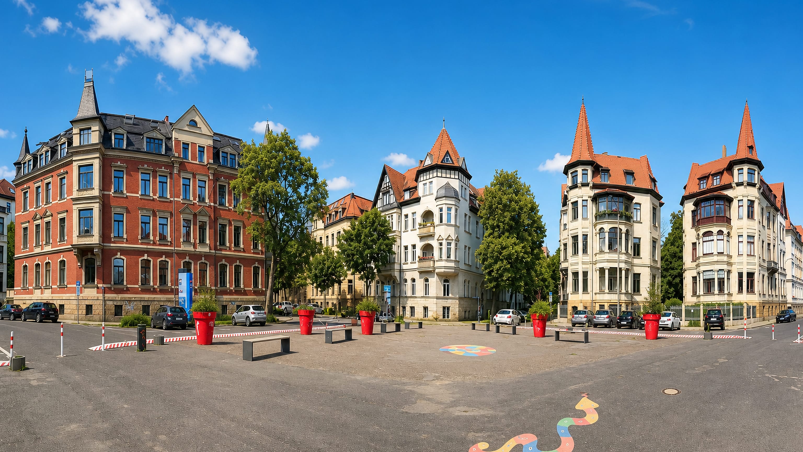 Ornate Gründerzeit villas with turrets around an open square in Leipzig's Waldstraßenviertel.