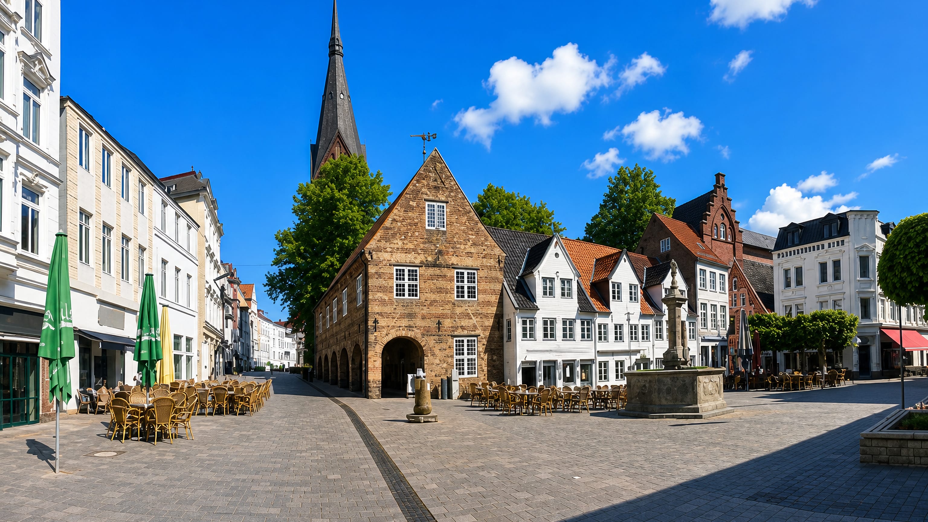 Flensburg's Nordermarkt with the brick Schrangen hall, Neptune fountain and St Marien's spire behind.