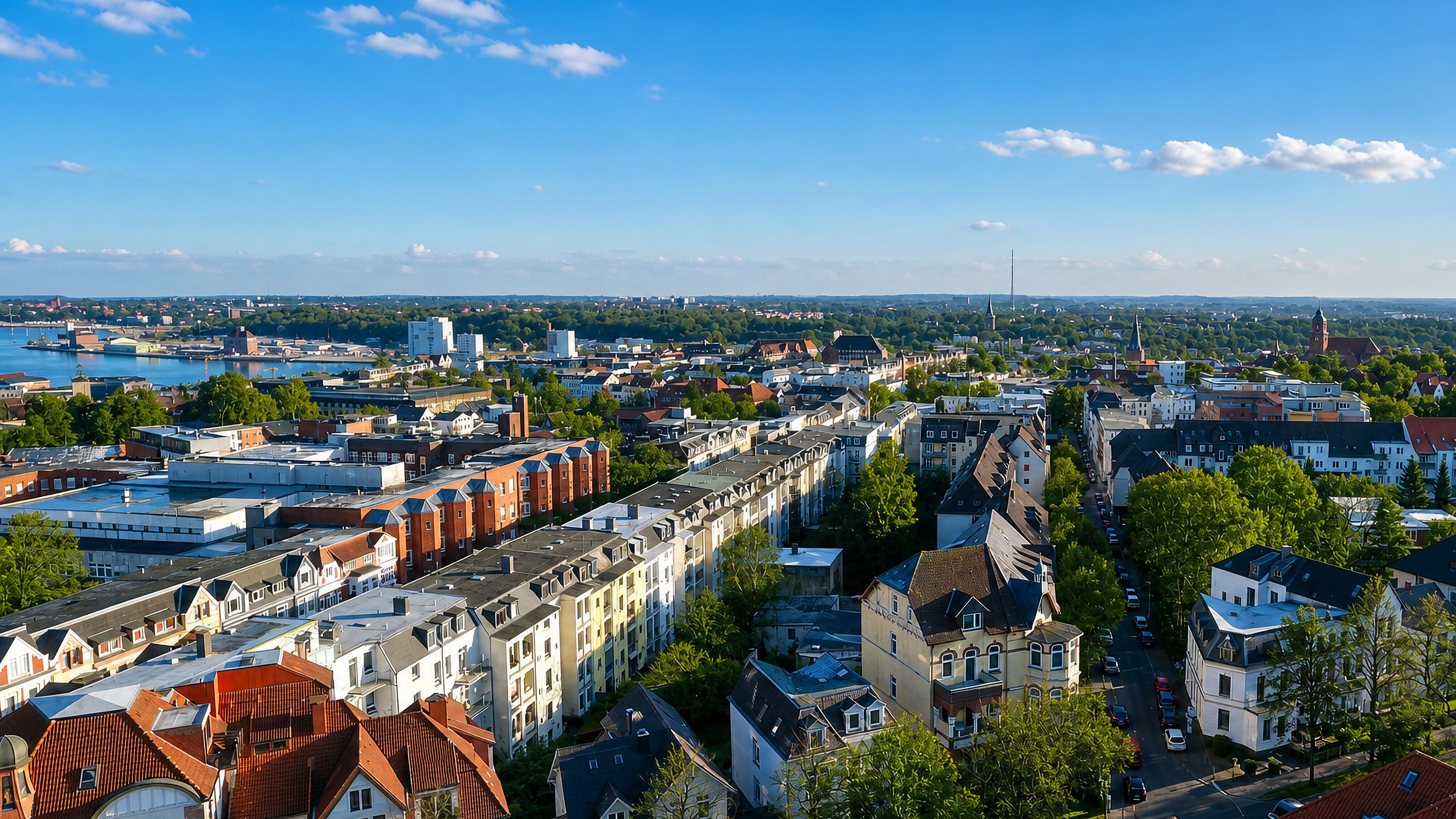 Rooftops of Westliche Höhe, Flensburg, sloping toward the harbour and fjord under a clear sky.