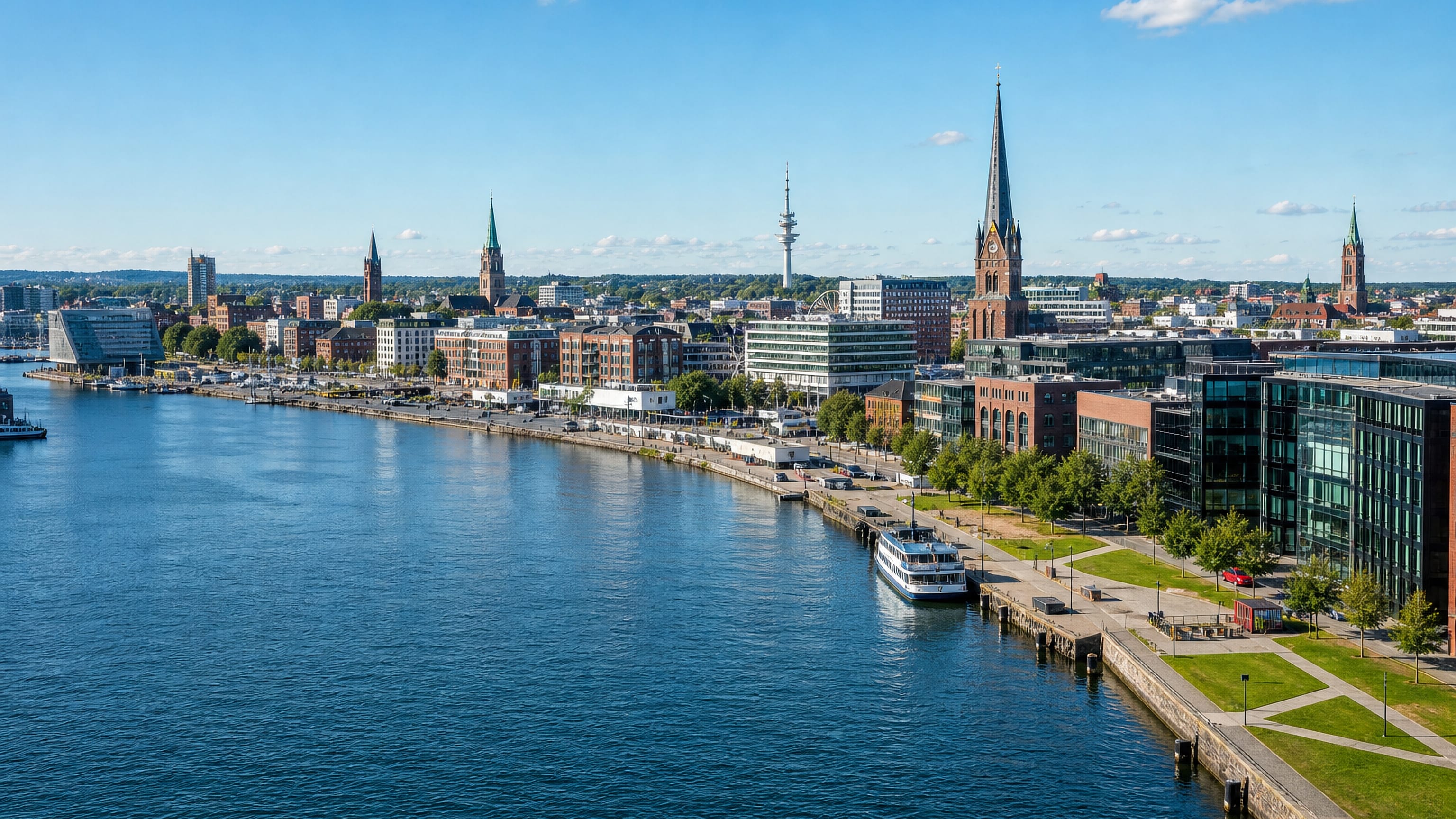Waterfront promenade and church spires along the Kiel Fjord, with a passenger ferry moored at the quay.