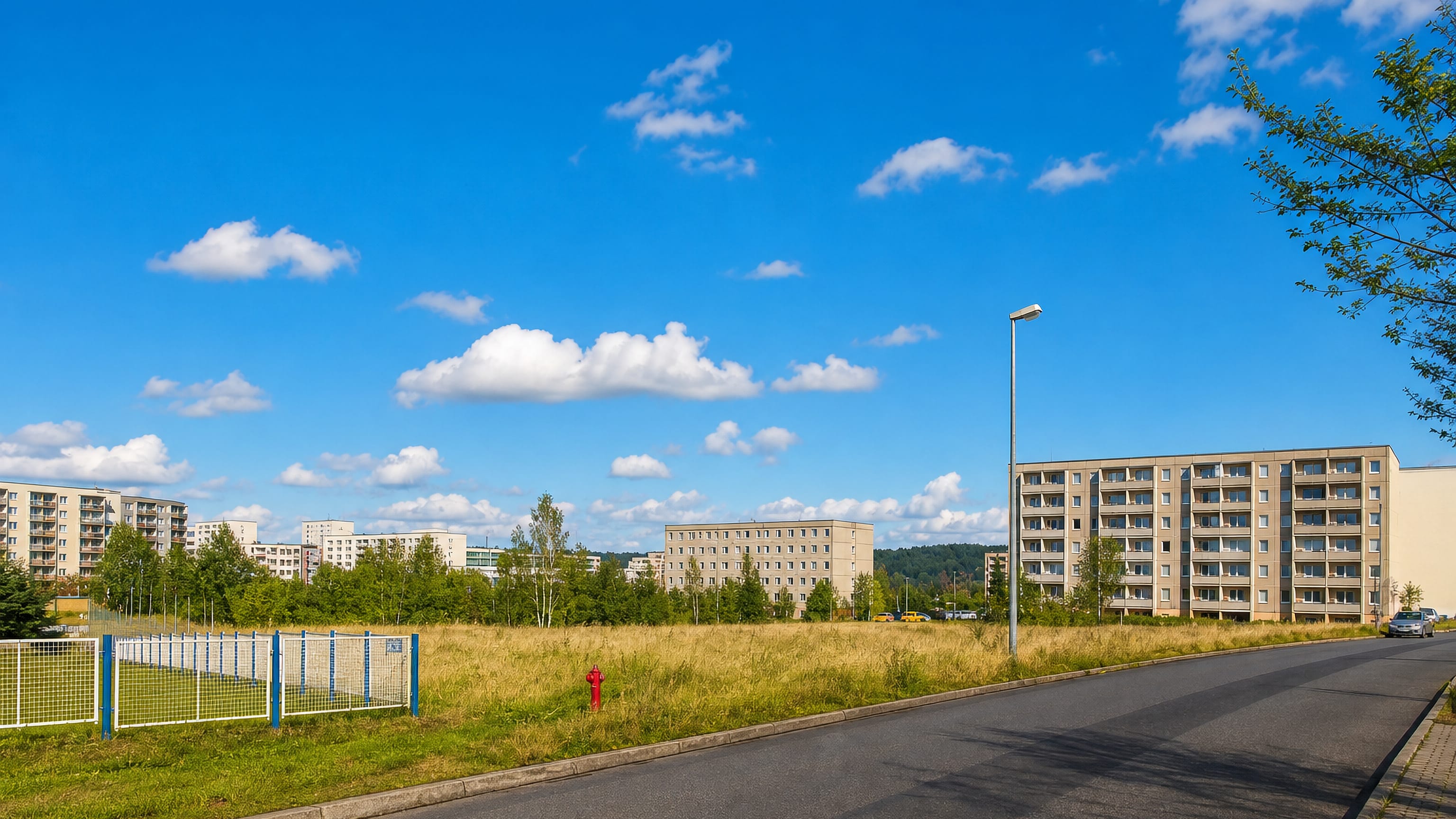 Prefab apartment blocks and open meadow along a quiet road in Lusan, Gera's hilltop housing estate.