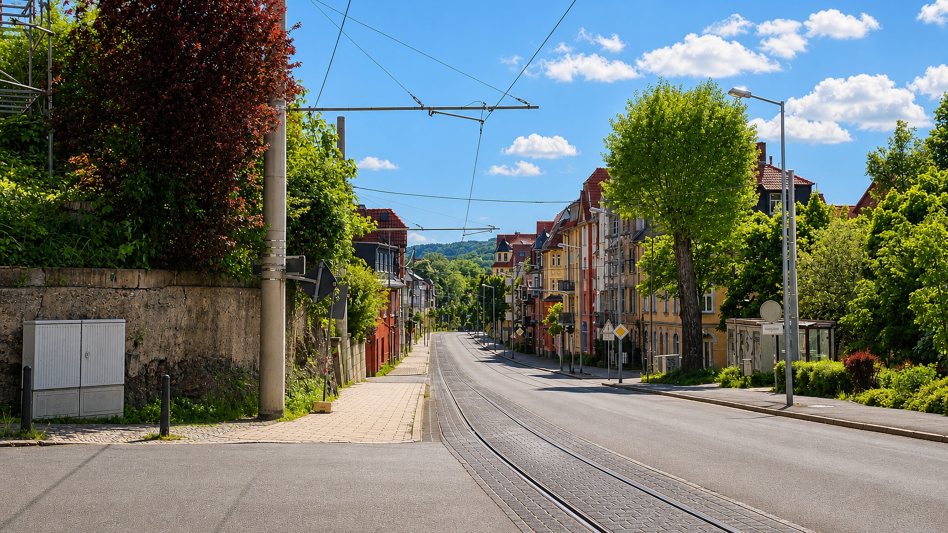 A tram-lined avenue of Gründerzeit houses in Wenigenjena, Jena, with wooded hills behind.