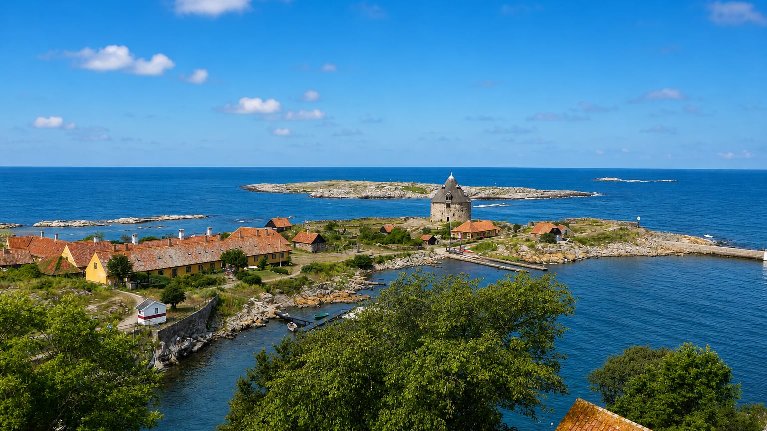 The fortified islet of Christiansoe in Denmark's Ertholmene, with its round stone tower and red-roofed houses ringed by sea.
