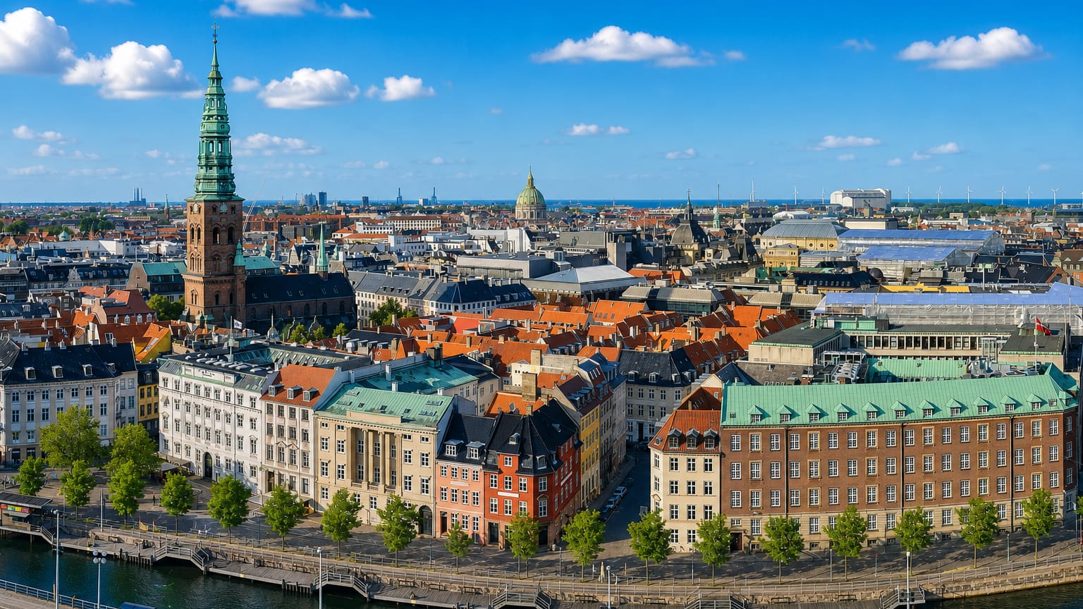 Aerial view of Copenhagen's old town, the green St. Nikolaj spire, red rooftops and colourful canal-side houses