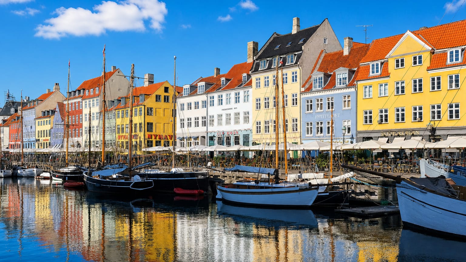 Nyhavn's colorful waterfront townhouses and moored wooden boats reflected in the canal in Indre By, Copenhagen, Denmark