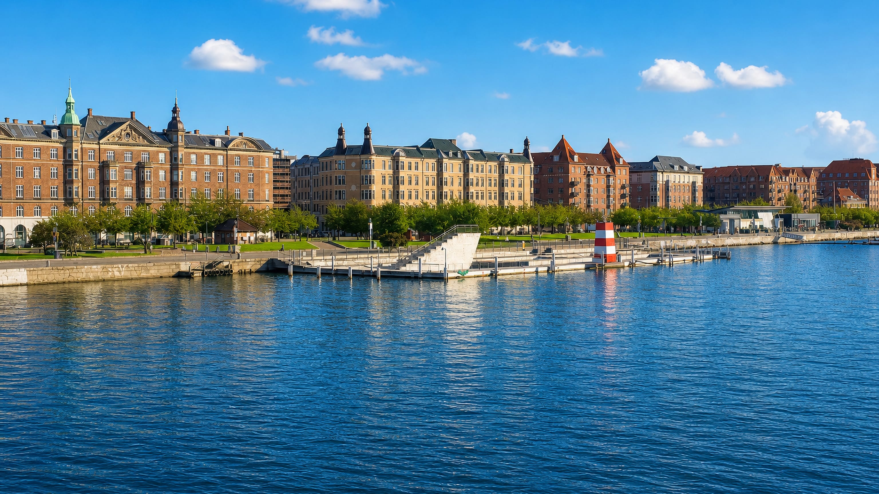 Islands Brygge, Copenhagen: the harbour bath and waterfront park below brick apartment blocks on the Inner Harbour