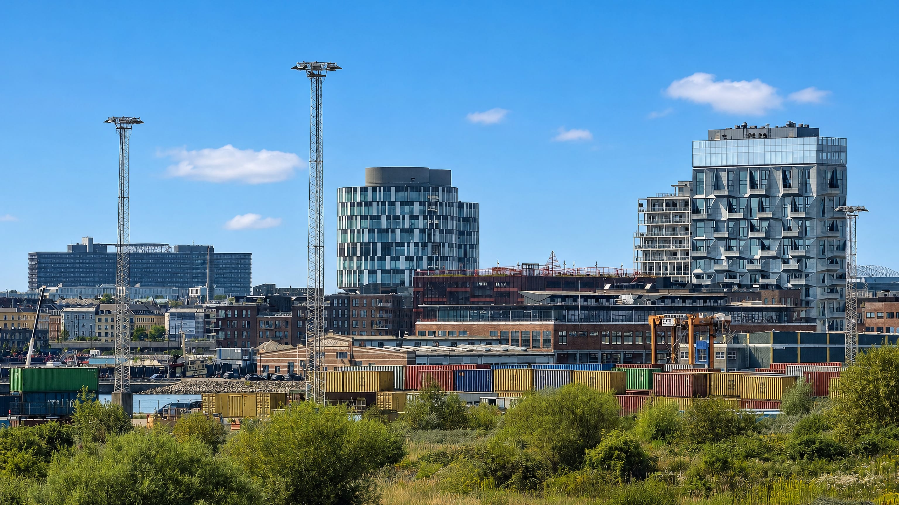 Nordhavn, Copenhagen: stacked shipping containers and floodlight masts below The Silo and Portland Towers.