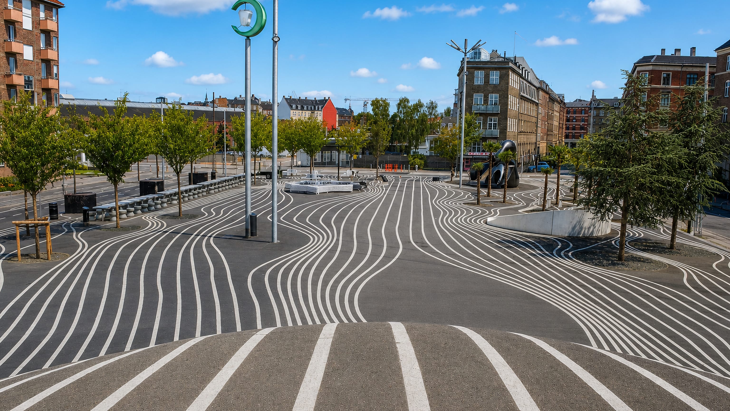 Superkilen's wavy white lines across the Black Square in Nørrebro, Copenhagen, framed by brick apartment blocks.