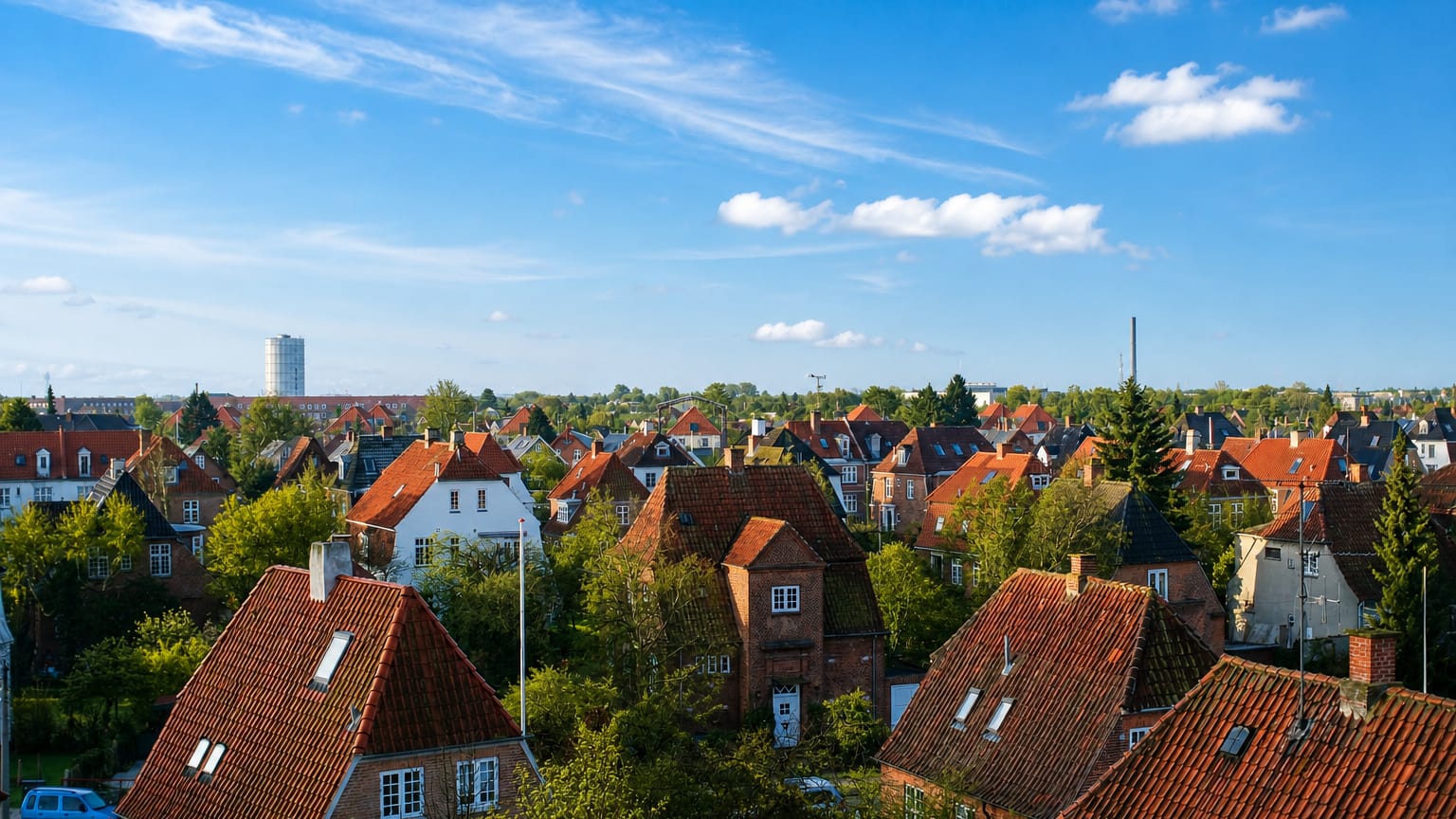 Red-tiled rooftops of traditional houses among green trees in Valby, Copenhagen, beneath a clear blue sky with a distant tower