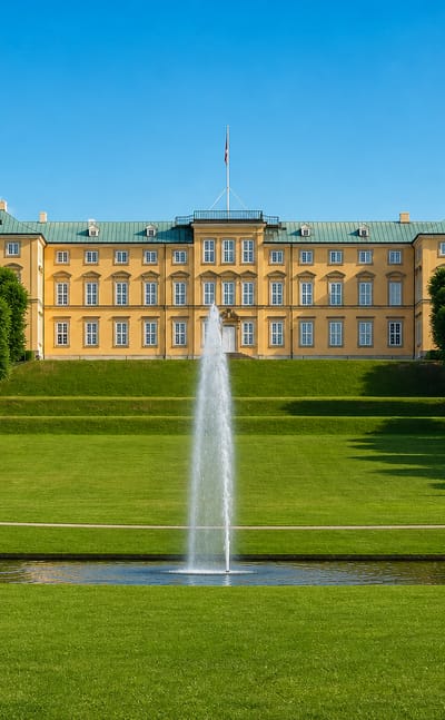 Frederiksberg Palace above the gardens' fountain and lawns in Frederiksberg, Denmark, under a blue sky