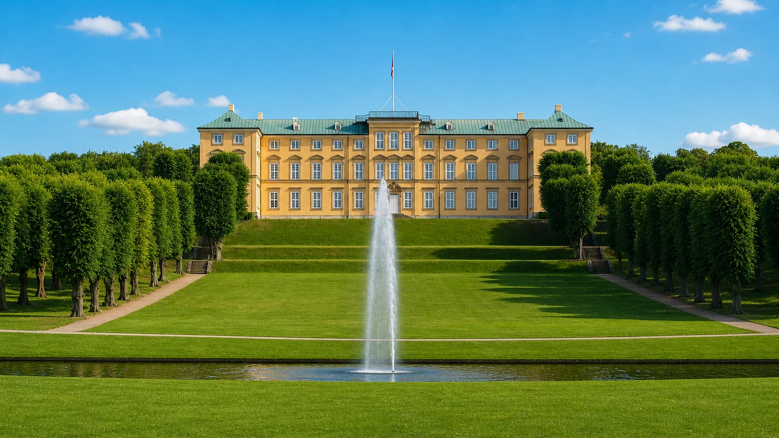 Frederiksberg Palace above the gardens' fountain and lawns in Frederiksberg, Denmark, under a blue sky