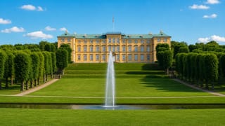 Frederiksberg Palace above the gardens' fountain and lawns in Frederiksberg, Denmark, under a blue sky