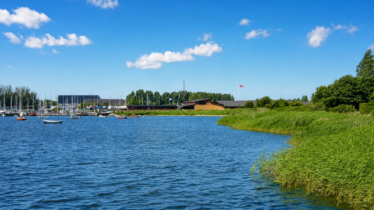 Frederikssund marina on Roskilde Fjord, with moored sailboats, a Danish flag and reed-lined shore under a bright blue sky