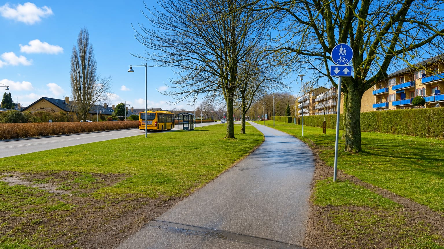 Cycle path beside yellow apartment blocks and a bus stop in suburban Glostrup, Denmark, under a clear spring sky.