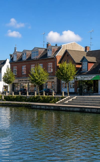 Helsinge town square with a fountain pond and colourful shopfront townhouses in North Zealand, Denmark.