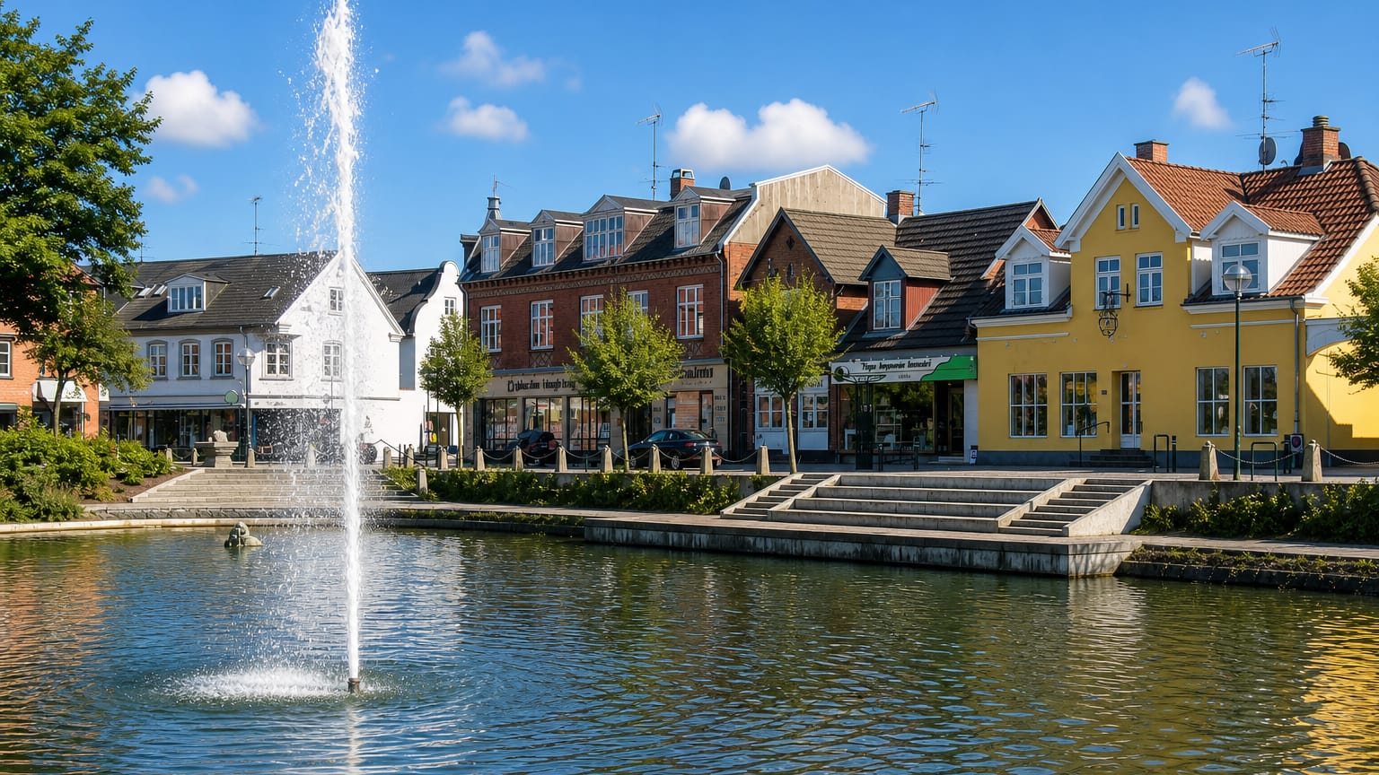 Helsinge town square with a fountain pond and colourful shopfront townhouses in North Zealand, Denmark.