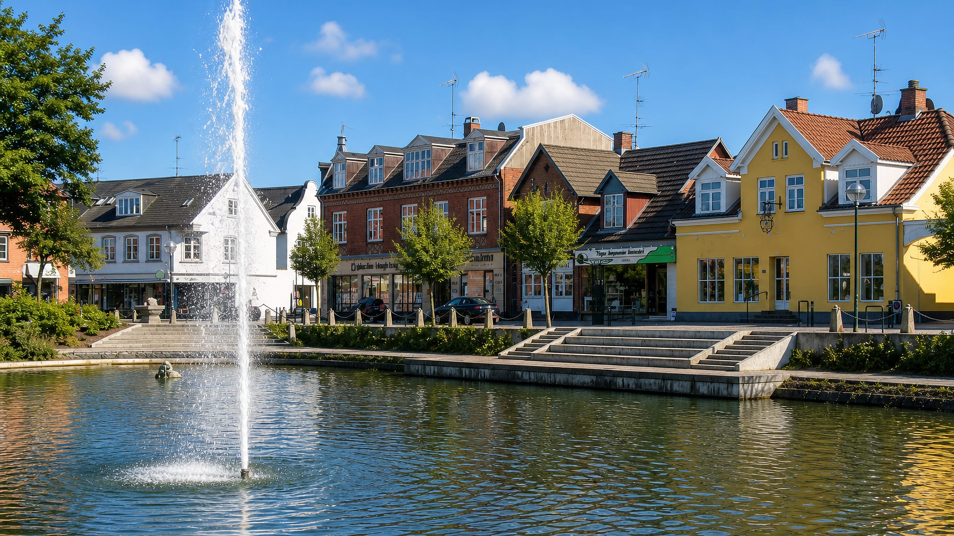 Helsinge town square with a fountain pond and colourful shopfront townhouses in North Zealand, Denmark.